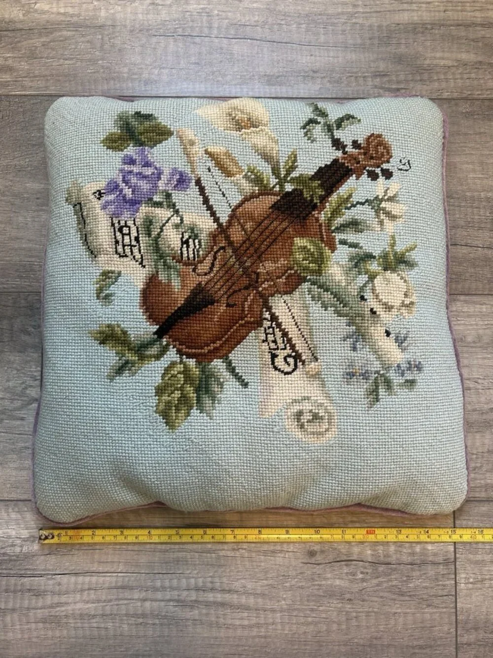 Vintage Needlepoint Pillow Violin Floral 15” X 15” Purple Velvet Cottagecore Fun